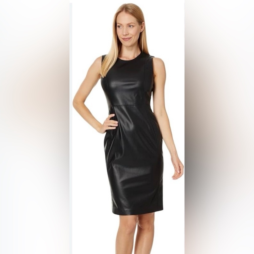 Calvin Klein Black Faux Leather Sleeveless Sheath Dress